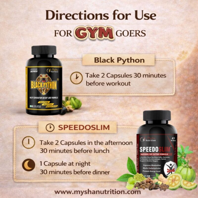 Black Python and SpeedoSlim dosage directions for gym goers by Mysha Nutrition weight loss combo