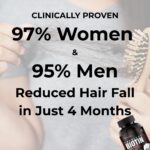 Hand holding hair strands with hairbrush showing hair fall; Probless Biotin bottle in corner with text highlighting 97% women and 95% men experienced reduced hair fall in 4 months.