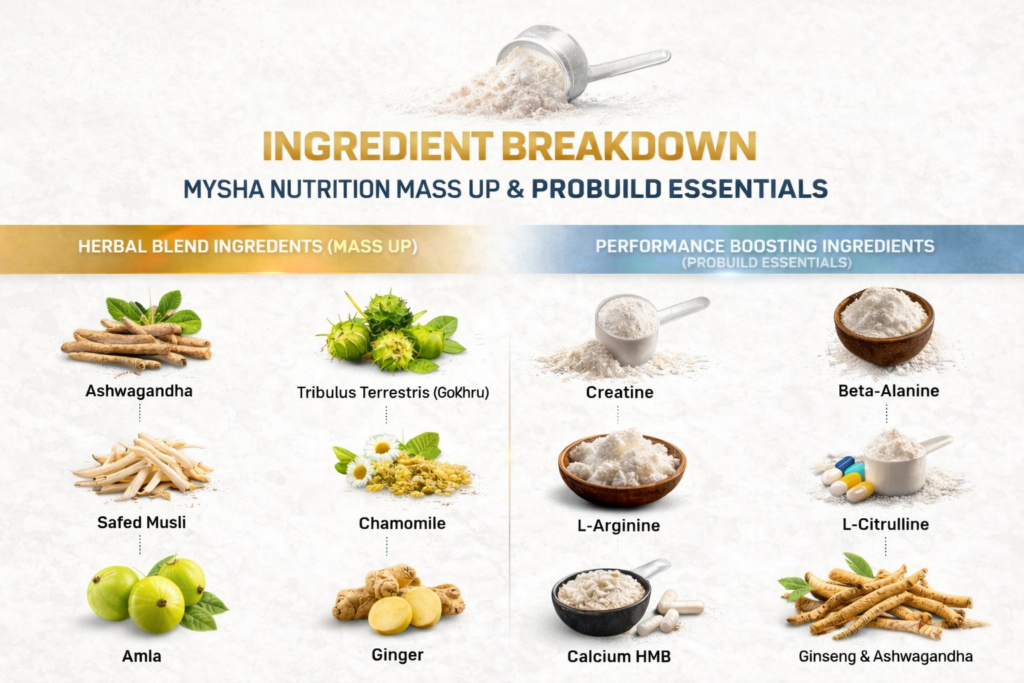 Ingredient breakdown of Mysha Nutrition Mass UP and ProBuild Essentials showing herbal muscle gain ingredients and performance boosting supplements