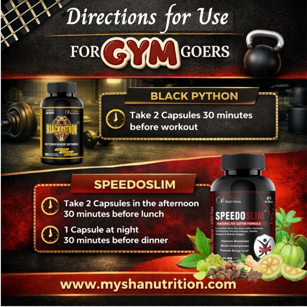 Black Python and SpeedoSlim dosage directions for gym goers by Mysha Nutrition weight loss combo
