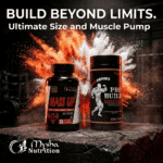 Mysha Nutrition Mass Up and Pro Build Essentials muscle gainer supplements in a gym setting with an explosive powder background.