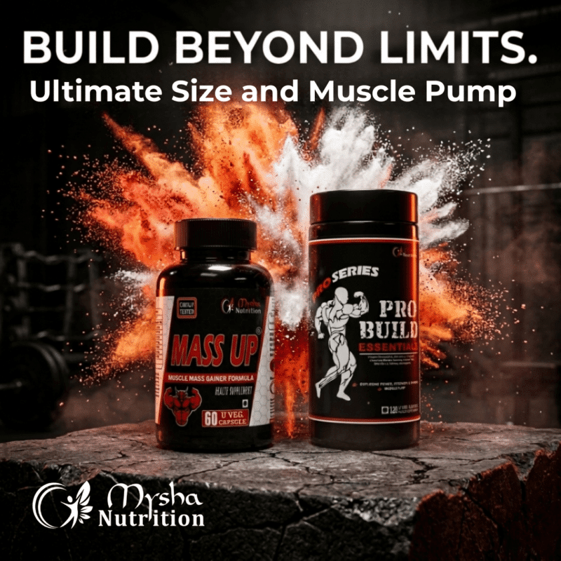 Mysha Nutrition Mass Up and Pro Build Essentials muscle gainer supplements in a gym setting with an explosive powder background.