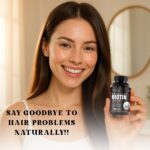 Smiling woman holding Probless Biotin bottle by Mysha Nutrition, with text “Say Goodbye to Hair Problems Naturally” promoting natural hair growth supplement.