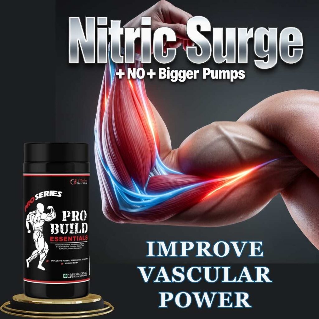 Muscular arm with vascularity shows production of Nitric Oxide effect of Pro Build Essentials supplement