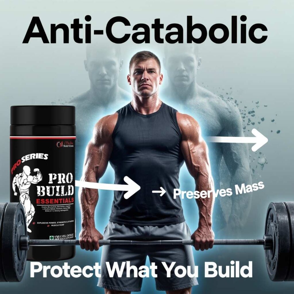 Bodybuilder holding barbell, preserving muscle mass and highlighting anti-catabolic effects with Pro Build Essentials
