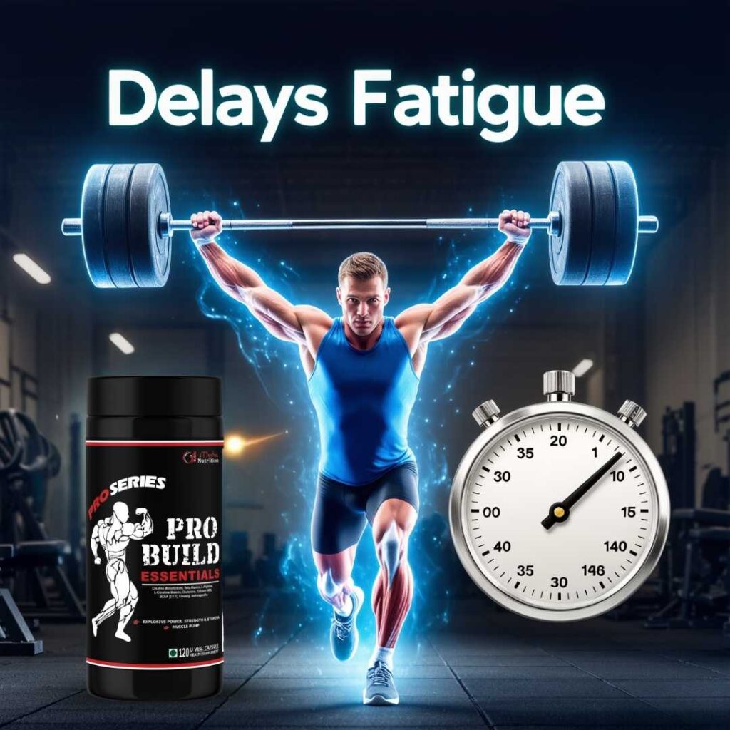 Bodybuilder lifting heavy weights using Pro Build Essentials supplement that highlight delayed fatigue benefits