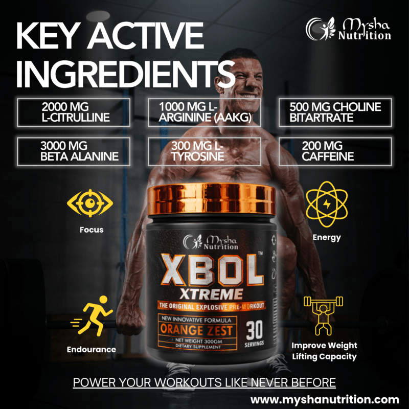 XBOL Xtreme pre-workout key active ingredients including L-citrulline, L-arginine, beta alanine, tyrosine and caffeine