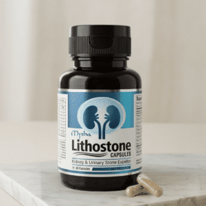 Bottle of Mysha Lithostone Capsules, a natural kidney and urinary stone expeller nutraceutical, displayed on a marble surface with two loose capsules.