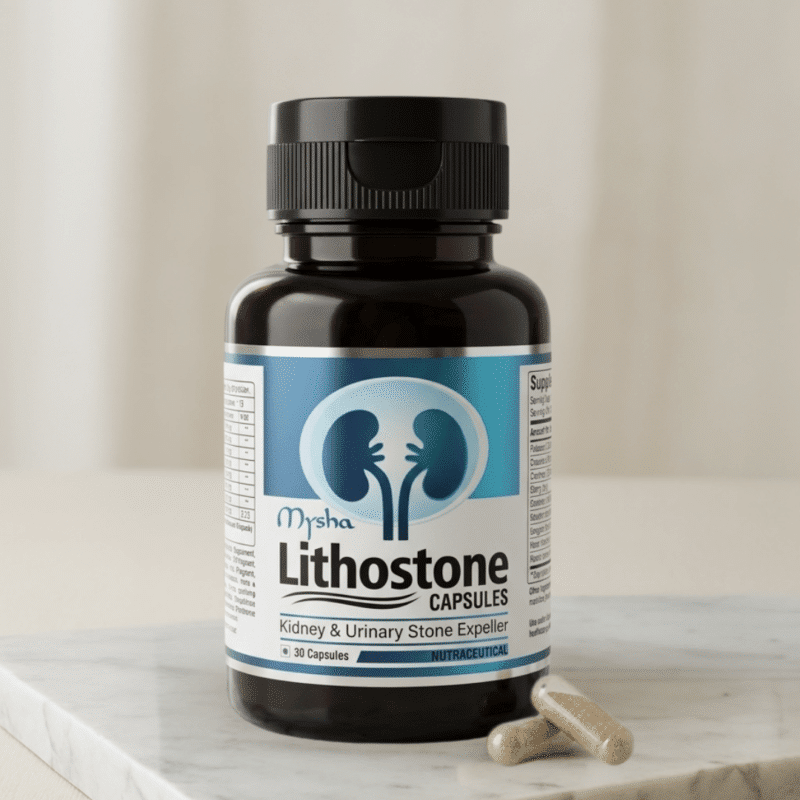 mysha-lithostone-kidney-urinary-stone-expeller-capsules.png Bottle of Mysha Lithostone Capsules, a natural kidney and urinary stone expeller nutraceutical, displayed on a marble surface with two loose capsules.