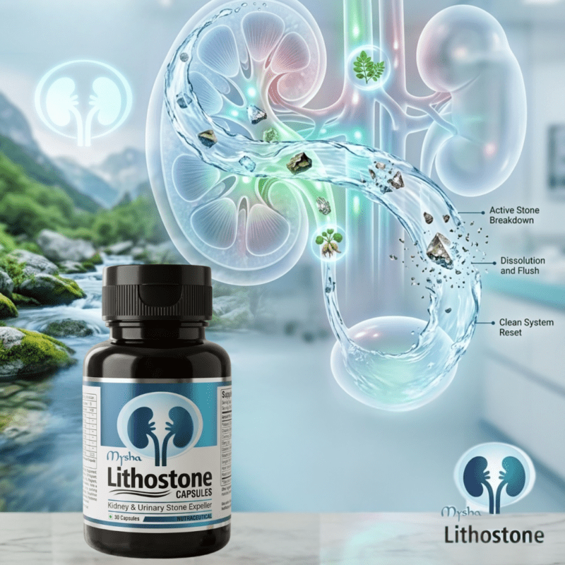 MYSHA Lithostone Kidney & Urinary Stone Expeller Capsules Infographic. Demonstrates stones breaking down, dissolving, and flushing from a kidney with text labels for the three-step natural treatment process. Includes herbal and detox icons.