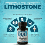 Infographic displaying a bottle of Mysha Lithostone capsules surrounded by its five main benefits: supports urinary tract detox, maintains optimal kidney health, helps break down stones, supports smooth urinary flow, and aids in reducing urinary discomfort.