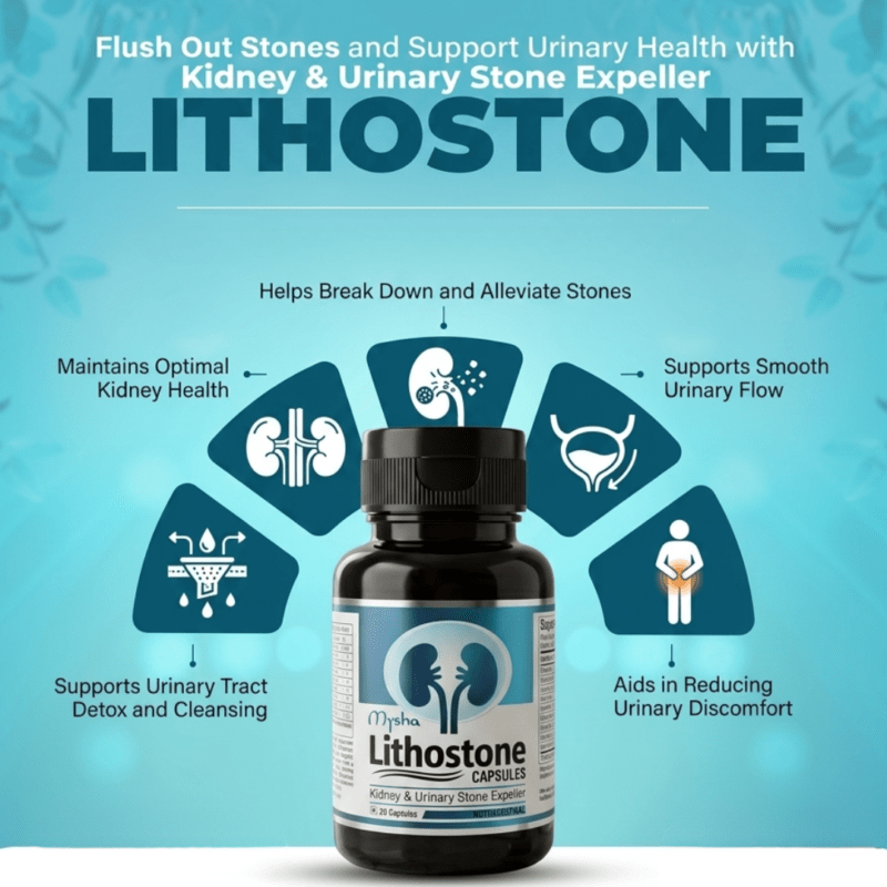 Infographic displaying a bottle of Mysha Lithostone capsules surrounded by its five main benefits: supports urinary tract detox, maintains optimal kidney health, helps break down stones, supports smooth urinary flow, and aids in reducing urinary discomfort.