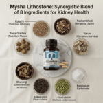 Flat lay image of a Mysha Lithostone capsule bottle surrounded by its 8 active ingredients for kidney health, including Kulathi, Pashanbhed, Varun, Bada Gokhru, Bharangi, Kabab chini, Choti elaichi, and Potassium Carbonate.