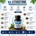 Flat lay image of a Mysha Lithostone capsule bottle surrounded by its 8 active ingredients for kidney health, including Kulathi, Pashanbhed, Varun, Bada Gokhru, Bharangi, Kabab chini, Choti elaichi, and Potassium Carbonate.