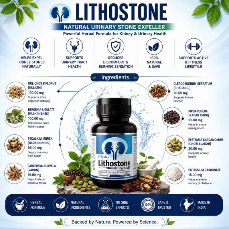 Flat lay image of a Mysha Lithostone capsule bottle surrounded by its 8 active ingredients for kidney health, including Kulathi, Pashanbhed, Varun, Bada Gokhru, Bharangi, Kabab chini, Choti elaichi, and Potassium Carbonate.