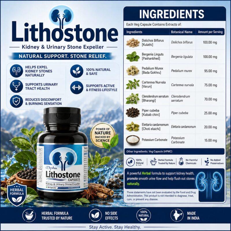 Mysha Lithostone Capsules - 100% natural herbal supplement for kidney and urinary stone relief, showing ingredients like Kulathi and Pashanbhed.
