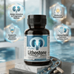 Mysha Lithostone Capsules bottle surrounded by benefit icons showing it helps dissolve and fragment stones, supports smo