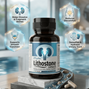 Mysha Lithostone Capsules bottle surrounded by benefit icons showing it helps dissolve and fragment stones, supports smo