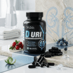 Black bottle of Mysha Nutrition D URI Advanced Kidney & Urinary Support supplement, surrounded by fresh cranberries, blueberries, and black capsules on a sleek marble surface with a blue kidney illustration.