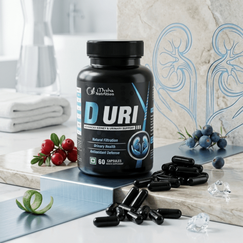 Mysha Nutrition D URI Advanced Kidney & Urinary Support - 60 Capsules Black bottle of Mysha Nutrition D URI Advanced Kidney & Urinary Support supplement, surrounded by fresh cranberries, blueberries, and black capsules on a sleek marble surface with a blue kidney illustration.