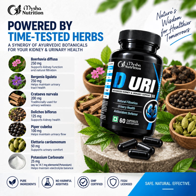 Infographic detailing the ayurvedic botanical ingredients in Mysha Nutrition D URI Advanced Kidney & Urinary Support. The black supplement bottle is surrounded by wooden bowls of raw herbs, with a sidebar listing specific dosages for Boerhavia diffusa, Bergenia ligulata, Crataeva nurvala, Dolichos biflorus, Piper cubeba, Elettaria cardamomum, and Potassium Carbonate.