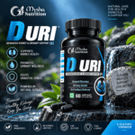 Infographic for Mysha Nutrition D URI Advanced Kidney & Urinary Support supplement. A black 60-capsule bottle sits on wet rocks by a natural water stream. Text overlays highlight benefits: supports kidney health, promotes urinary wellness, fights oxidative stress, and powered by natural extracts. Includes GMP Certified and FSSAI Licensed badges.