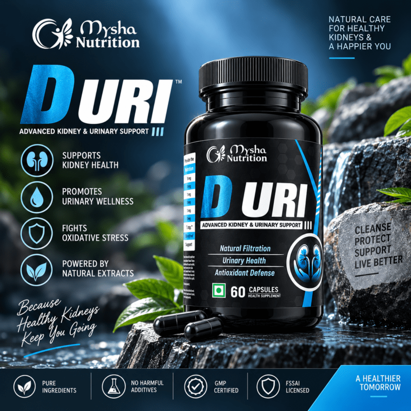 Infographic for Mysha Nutrition D URI Advanced Kidney & Urinary Support supplement. A black 60-capsule bottle sits on wet rocks by a natural water stream. Text overlays highlight benefits: supports kidney health, promotes urinary wellness, fights oxidative stress, and powered by natural extracts. Includes GMP Certified and FSSAI Licensed badges.