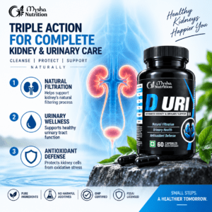 Infographic for Mysha Nutrition D URI Advanced Kidney & Urinary Support featuring a glowing anatomical illustration of the kidneys and bladder. Text highlights a triple-action formula for natural filtration, urinary wellness, and antioxidant defense. The black supplement bottle sits on a rock by water, accompanied by GMP and FSSAI certification badges.