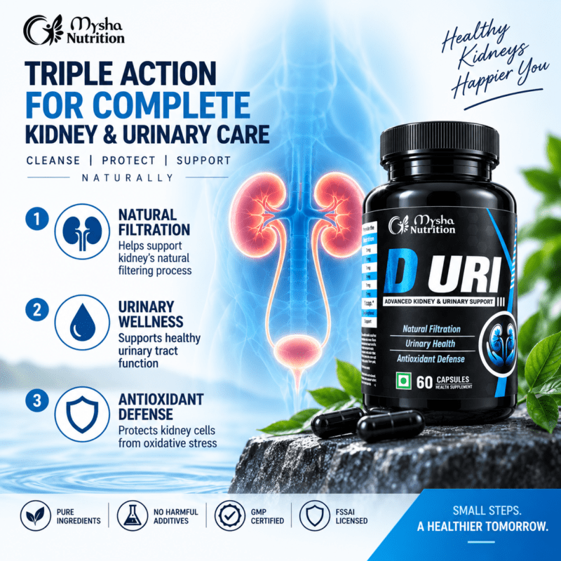 Infographic for Mysha Nutrition D URI Advanced Kidney & Urinary Support featuring a glowing anatomical illustration of the kidneys and bladder. Text highlights a triple-action formula for natural filtration, urinary wellness, and antioxidant defense. The black supplement bottle sits on a rock by water, accompanied by GMP and FSSAI certification badges.